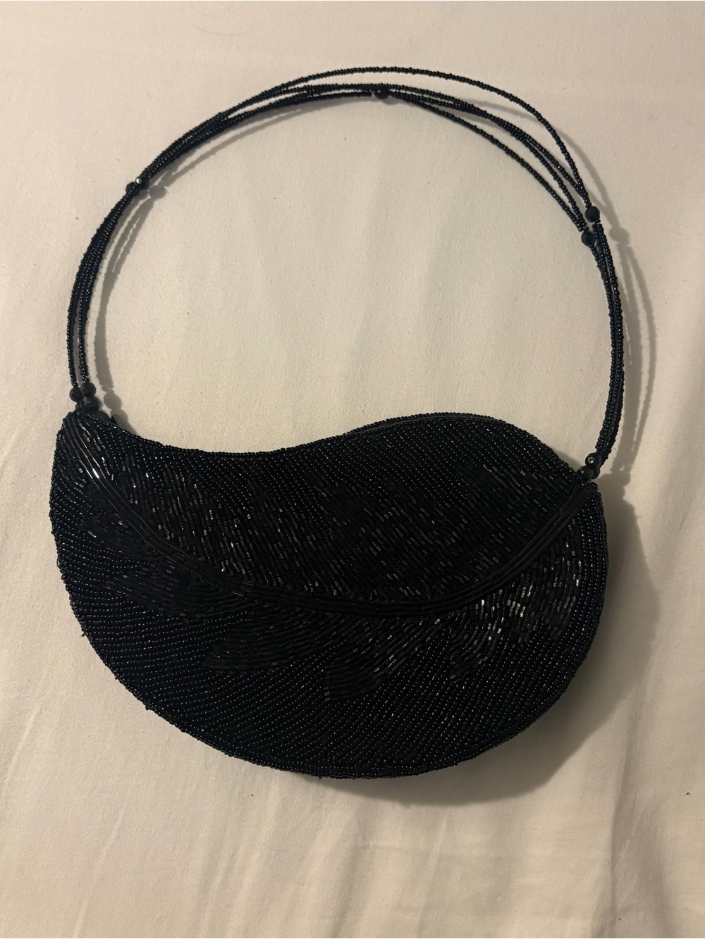 Vintage Early 20th Century Black Beaded Evening Leaf-Shaped Hand Bag